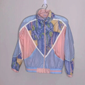 Vintage Retro Pastel Pink Blue East West Zip Up Windbreaker Jacket Size Medium